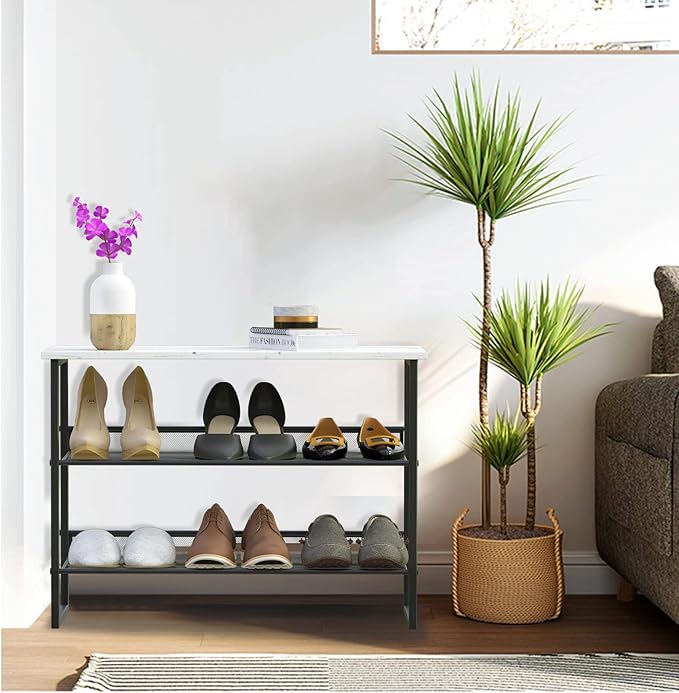 Garden 4 you 3 Tiers White Marble Shoe Rack,Freestanding Organizer Multi-Purpose Adjustable Flat and Slant Storage Rack Shoe Shelf, High Heels Potted Plant for Entryway Hallway Living Room Closet