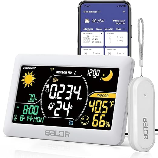 BALDR WiFi Weather Station with App, Wireless Indoor Outdoor Thermometer with Humidity Monitor, Online Real-time Forecast, Smart Home Weather Stations, One Temperature Sensor Included, White