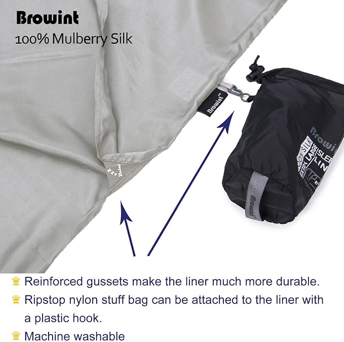 BROWINT Silk Sleeping Bag Liner, Silk Sleep Sack, Extra Wide 87"x43", Lightweight Travel Sheet for Hotels, More Colors for Option, Reinforced Gussets