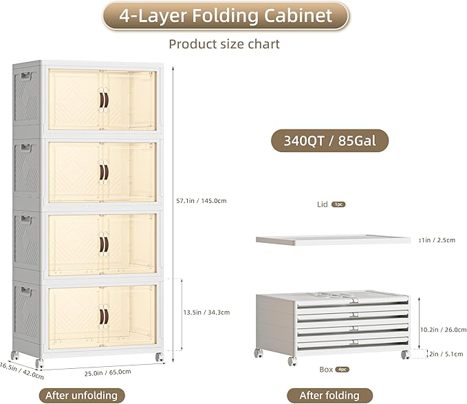 340 QT / 85 Gal Magnetic Door Storage Bins Collapsible Stackable w/1 Lid, Heavy Duty Plastic Cabinet with Wheels for Home Office Organization (White)