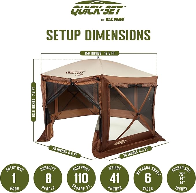 CLAM Pop Up Screen Tent, Outdoor Camping Gazebo Canopy, Pavilion, 12.5', Brown - Heavy-Duty Portable Screened Shelter with Netting for Beach, Patio, and Backyard