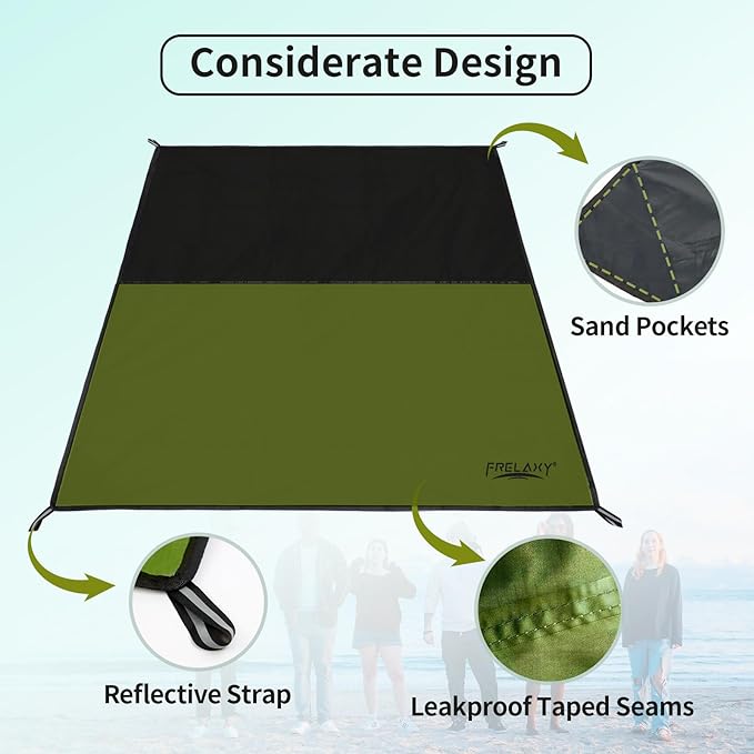 Frelaxy Pocket Picnic Blanket, Waterproof Sandproof Beach Mat, Compact Camping Tarp for Festivals, Hiking, Travel, Outdoor Recreation (Army Green, 28'' x 47'')