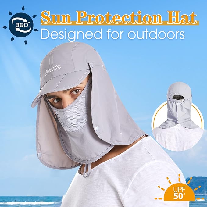 icolor Sun Hats for Men Women with Neck Flap,Foldable Sun Cap Fishing Sun Hats,UPF50+ Sun Protection Ponytail Hats