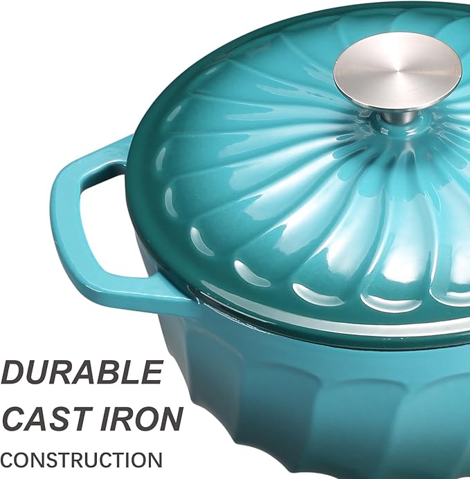 Enameled Cast Iron Dutch Oven with Lid, 6 QT Cast Iron Dutch Oven Pot, Dual Handles for Bread Baking, Cook, Bake, Oven Safe across All Cooktops (BlueGreen, 6 QT)