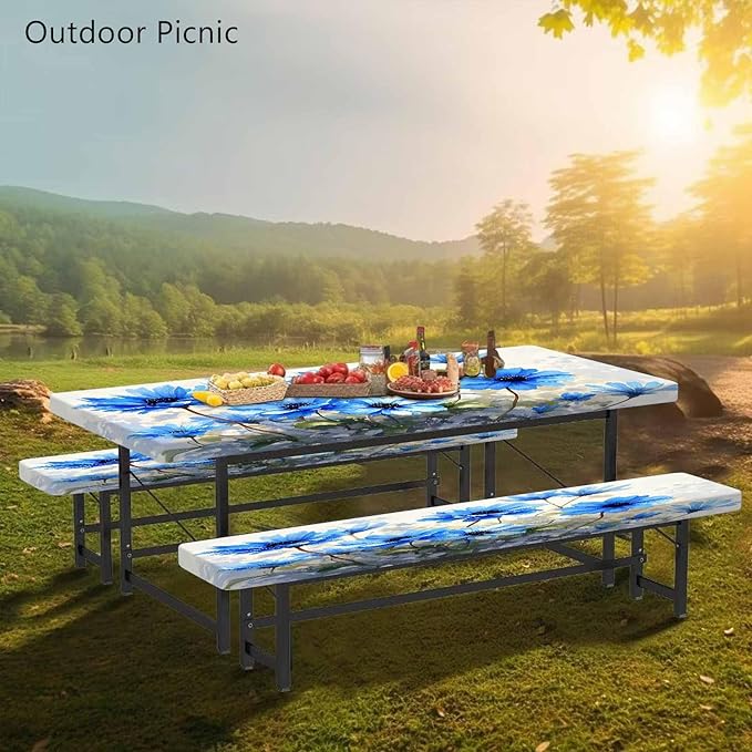 CAPSCEOLL Fitted Picnic Table Cover with Bench Covers with Elastic 6Ft Waterproof Camping Picnic Table Cover Cloths for Outdoors Camping Tablecloth with Drawstring Bag, 72X30in, Blue Flowers