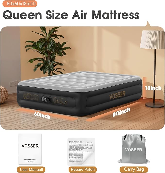 Air Mattress Queen with Built in Pump,18'' Inflatable Mattress 2 Mins Self-Inflation/Deflation,Thicker Blow up Mattress Leak-Proof,Flocked Top Air Bed with Storage Bag for Home, Camping & Guests