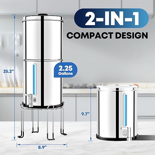 Gravity Water Filter System with 3 Stage 0.001μm Ultra-Filtration, 2.25G Stainless Steel Countertop Water Filtration System, Include 3 Filters, Metal Stand&Spigot, Reduce 99.99% Chlorine-2025 Upgraded