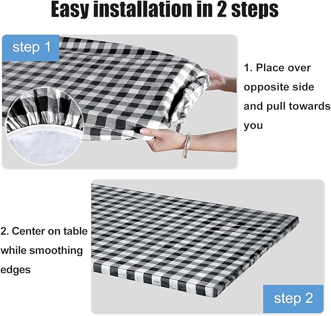 Fitable Checkered Picnic Table Cover Waterproof Elastic Outdoor Table Cover with Bench Covers, Vinyl Fitted Flannel Backing 30"x72" for Camping, Party, Folding Table, Black and White, 3 PCS Set