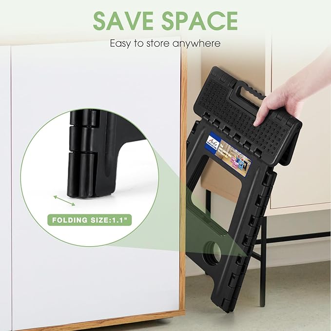 ACKO Folding Step Stool Foldable 16 Inch Stools for Adults and Kids, Plastic Stools Tall 400 lbs Capacity, Collapsible Stool for Kitchen Stepping Foot Stool with Handle, Dot Black,1 PC