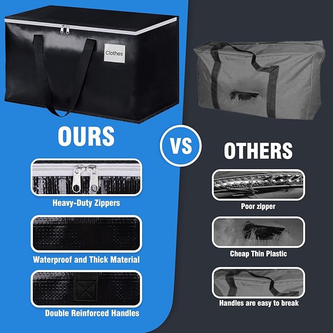 BlissTotes Moving Bags, Heavy Duty Moving Boxes with Zippers Top and Sturdy Handles, Storage Bags for Space Saving and Packing, Collapsible Moving Supplies, Storage Totes (125L, 2-Pack, Black)