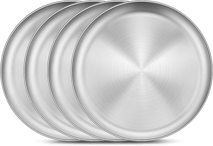 Homikit Stainless Steel Plates for Kids, 4-Piece 10.2 Inch Metal 304 Kids Toddler Plates for Children Adults, 18/8 Non Toxic Dinner Camping Dishes Set of 4, Dishwasher Safe & Reusable