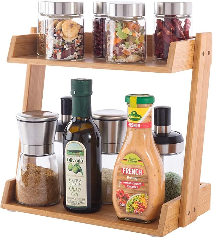 GOBAM Spice Rack Organizer 2-Tier Kitchen Countertop Cabinet Storage Shelf, Assemble Quickly, Bamboo