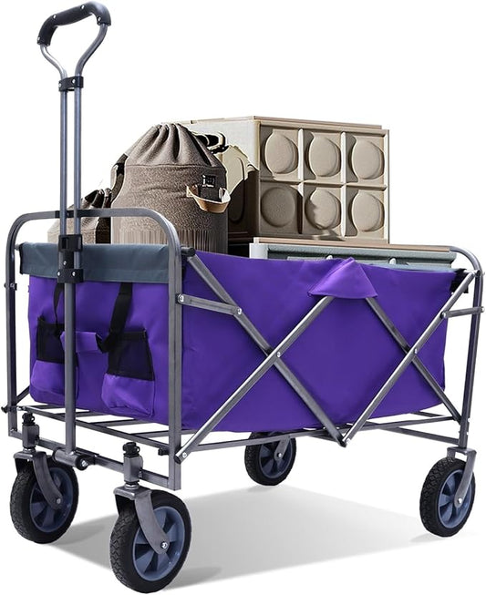 Collapsible Wagon Cart, Large Capacity Utility Foldable Garden Cart, 150 lb Heavy Duty Outdoor Wagon with All-Terrain Wheels, for Camping, Garden,Shopping, Sports, Purple