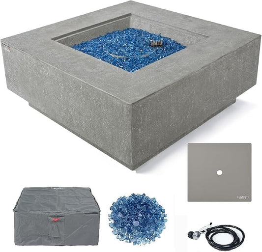 Elementi+ | Victoria Gas Fire Pit Cast Concrete 40" Square Fire Table, Outdoor Fire Pit Electronic Ignition | Canvas Cover, Fire Glass and Burner Lid Included | Light Gray | Propane Gas