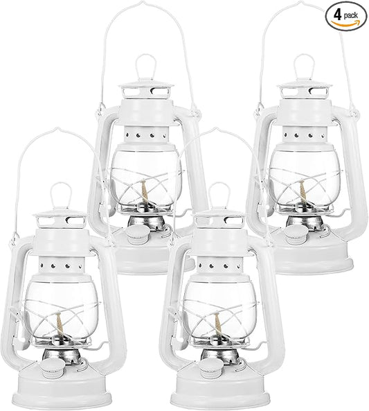 Honoson 4 Pieces Oil Lamp Hurricane Lamp Kerosene Lantern for Indoor Outdoors Decorative Hanging Oil Lantern with Wick for Hiking Emergency Camping Party Decoration(White,10 Inch)