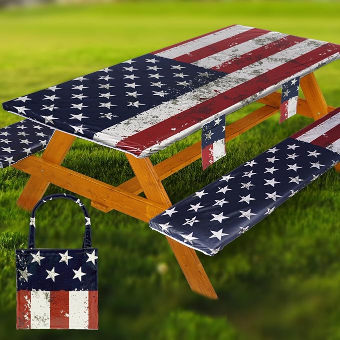 Fitted Picnic Table Cover with Bench Covers Waterproof Elastic Edges Rectangle Patio Tablecloth Outdoor Camping Essentials Stuff Rv Accessories Summer Trip Travel Camper Gifts for Woman Men, 96in 8 ft