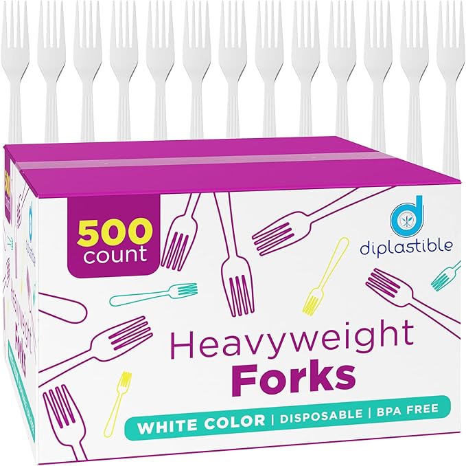 500 Count – Heavyweight Disposable White Plastic Forks | Big Party Pack Forks | Plastic Salad Forks |Great for Celebrations, Parties, Travels, Events, and Everyday Use