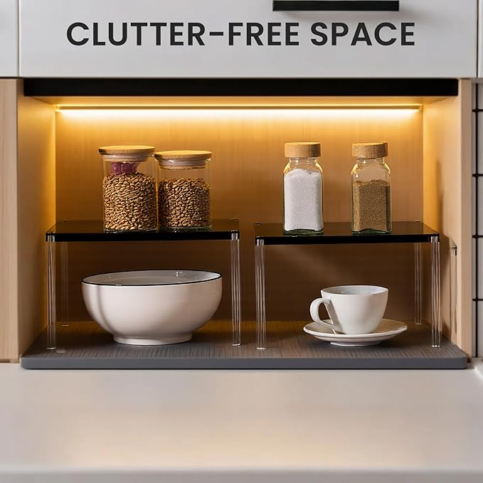 4 Pack Stackable & Expandable Acrylic Spice Rack, Black Shelf Riser for Kitchen Cabinet, Pantry, Countertop, Bathroom & Office Storage