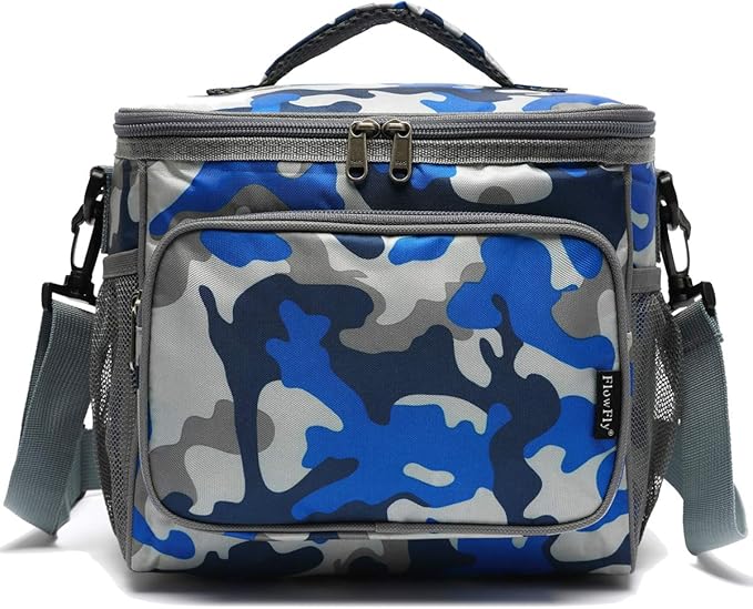 FlowFly Insulated Reusable Lunch Bag Adult Large Lunch Box for Women and Men with Adjustable Shoulder Strap,Front Zipper Pocket and Dual Large Mesh Side Pockets,BlueCamo