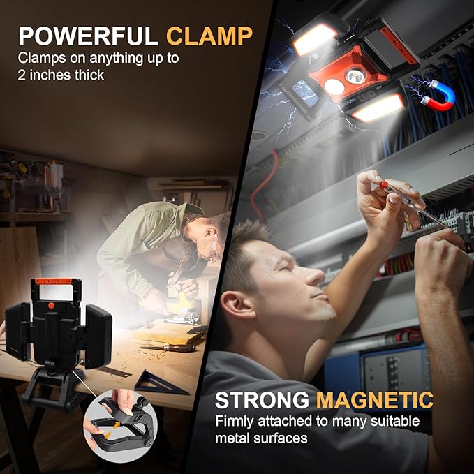 4000LM LED Work Light Rechargeable with Clamp, 40W Magnetic Work Light Battery Powered with 5 Light Modes, 350° Rotation, Portable Job Site Lighting for Construction Site,Workshop,Car Repairing