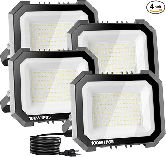 4 Pack LED Flood Lights Outdoor, 100W 10000LM Super Bright Floodlight Outside Work Light with 5.9FT Plug, IP65 Waterproof 6000K Outdoor LED Flood Light for Garage, Yard, Lawn, Garden