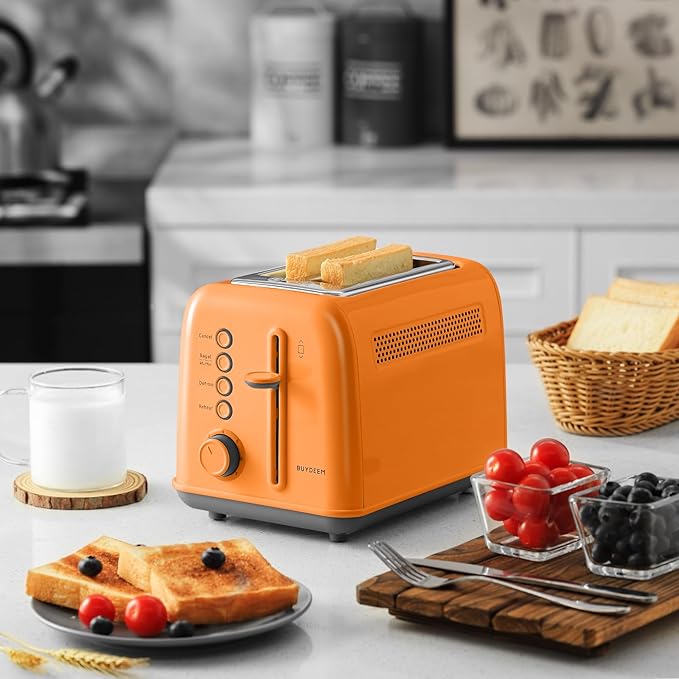 BUYDEEM DT620 2-Slice Toaster, Extra Wide Slots, Retro Stainless Steel with High Lift Lever, Bagel and Muffin Function, Removal Crumb Tray, 7-Shade Settings,Orange