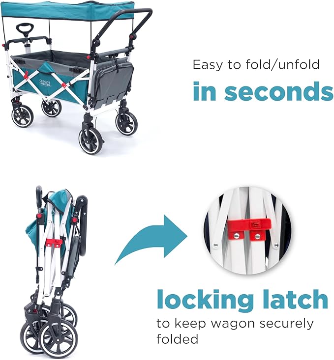 Creative Outdoor Wagon for Kids Push Pull Collapsible Stroller with Canopy Folding Cart | Titanium Series Plus | Beach, Park, Garden (Solid Teal)