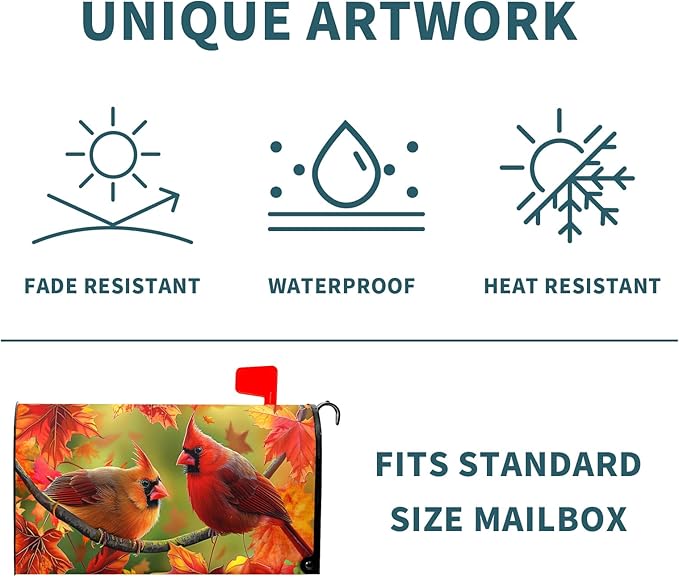 Autumn Bird Mailbox Cover Magnetic Large Size 25.5x21 Inch Fall Red Birds with Maple Leaves Mailbox Covers Happy Holiday Thanksgiving Mailbox Post Cover Decor Letter Box Wraps for Outdoor Garden Yard