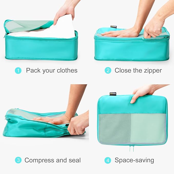 6 Set Compression Packing Cubes for Travel Essentials, Luggage Organizers for Suitcases (Teal)