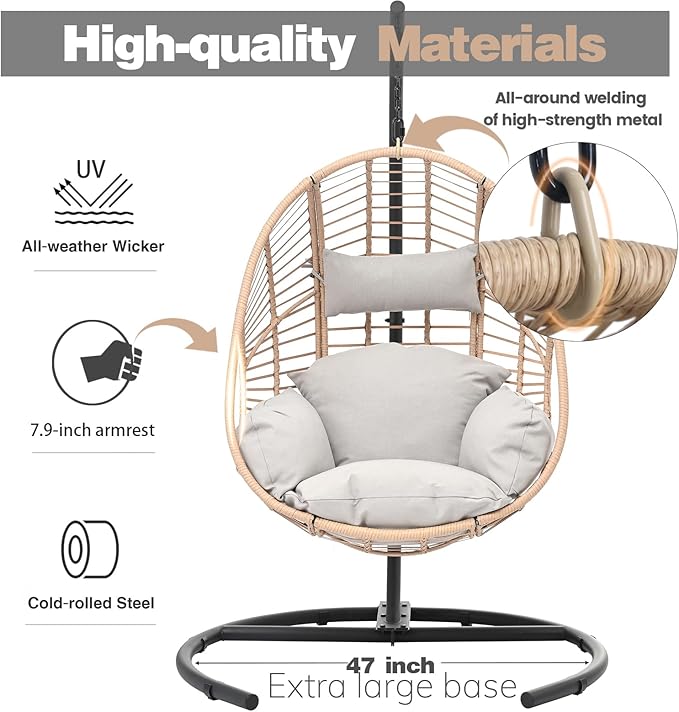 Oversized Hanging Egg Chair Outdoor Wicker Swing Chair with Stand Rain Cover UV Resistant Cushion 400lbs Capacity for Patio, Garden and Balcony