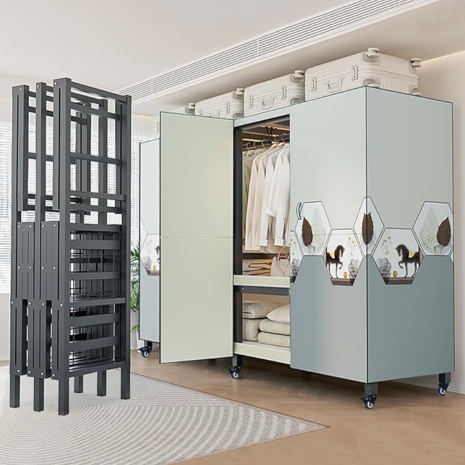 FPIGSHS Heavy Duty Clothes Rack with Magnetic Door 2000LBS Foldable Portable Wardrobe Closet for Hanging Clothing Rolling Garment Rack on Wheels for Bedroom Closet System (C(Pattern Door, 71in)
