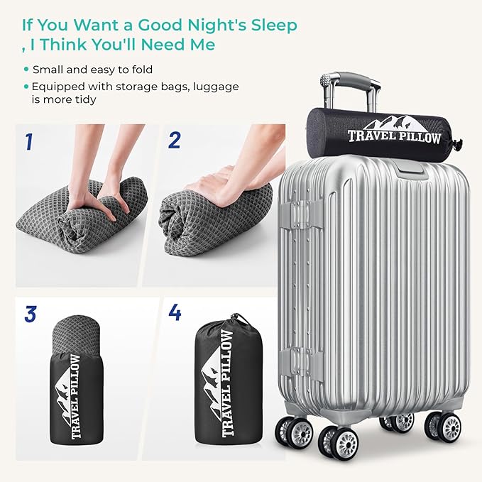 Travel Pillow Memory Foam Pillows, Camping Pillow-Compressible Medium Firm, Breathable Cover, Ideal Backpacking Hiking, Bed Pillows, Airplane and Car (Dark Grey, S)