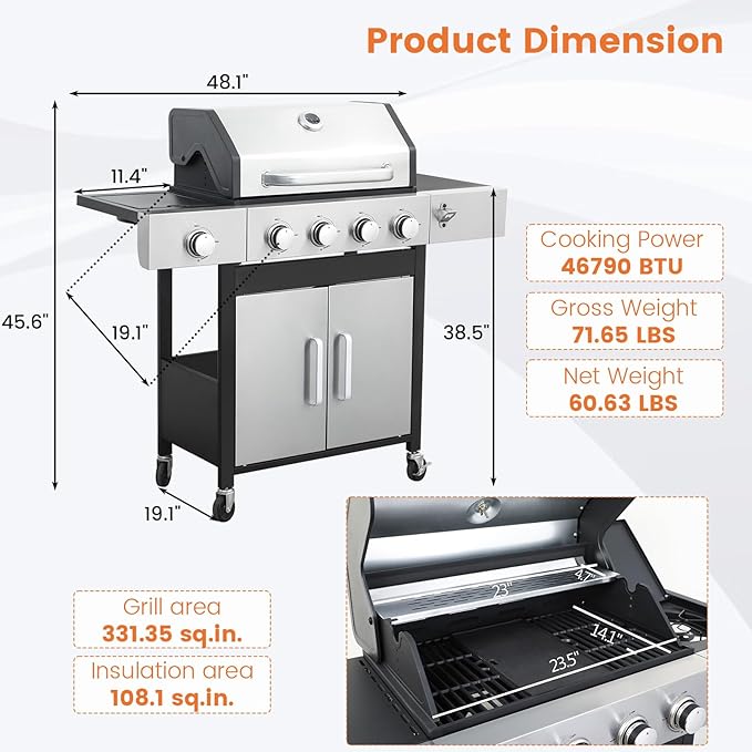4-Burner BBQ Propane Gas Grill with Side Burner, 46790BTU Stainless Steel Barbecue Grill with Enameled Cast Iron Cooking Grids, For Camping Outdoor Cooking (Style5: 4+1 Burner)