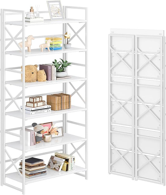 4NM 6 Tiers No Assembly Book Shelves, 61.8" H Folding Bookshelf Bookcase Open Industrial Foldable Shelves for Bedroom, Living Room, Home Office - All White