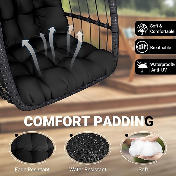 LEVELEVE Egg Chair with Stand,Patio Rattan Wicker Hanging Swing Egg Chair Hammock Chair for Bedroom Porch Garden,Thickened Aluminum Alloy Steel Frame and UV Resistant Cushion,350LBS Capacity