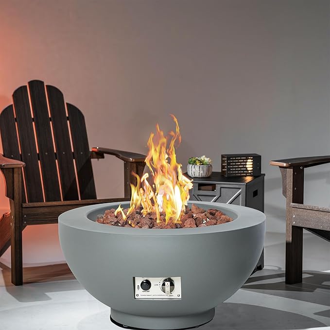 28-Inch Propane Fire Pit with Natural Gas Conversion Kit, 50,000 BTU Round Gas Fire Pit Table, Outdoor Fireplace Fire Bowl Firepit with Lid, Lava Rocks, Cover, Pre-Attached 10FT Propane Hose, Gray