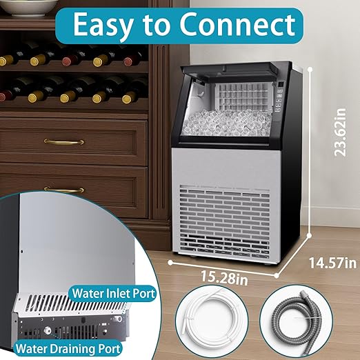 80 lbs/24H Commercial Ice Maker,48 Cubes/11mins, 15 lbs Ice Storage Capacity, Counter Ice Maker Self Cleaning, 24 Hour Timer Stainless Steel Freestanding Ice Maker Machine (120lbs/day)