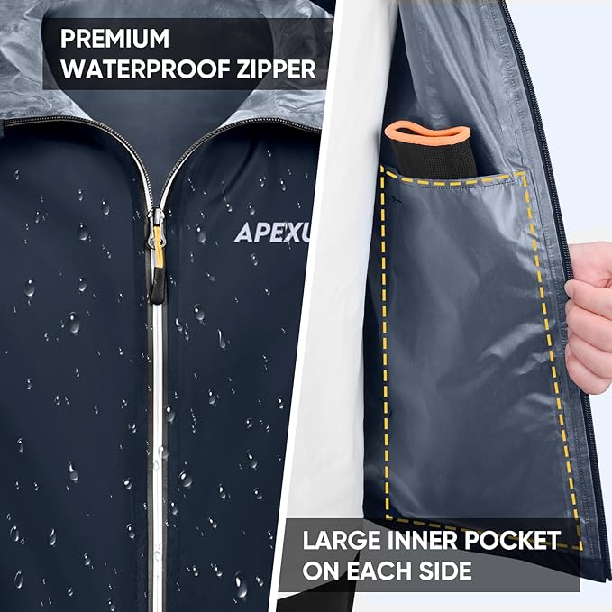 APEXUP Packable Rain Jacket Men with Reflective Zipper, Lightweight Waterproof Raincoat, Mens Rain Jacket for Outdoor Sports