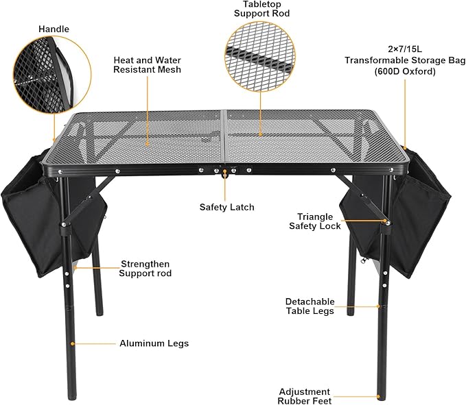 Camping Table 3FT Grill Table with 2×7/15L Storage Bag Foldable Folding Table Picnic Portable Stand Mesh 2 Height Adjustable Outdoor Card BBQ 35.4×23.6×26 inch