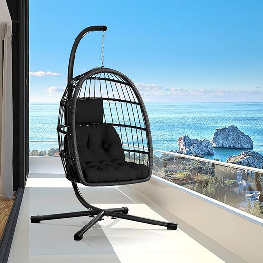 Egg Chair with Stand,Patio Rattan Wicker Hanging Swing Egg Chair Hammock Chair for Bedroom Porch Garden,Thickened Aluminum Alloy Steel Frame and UV Resistant Cushion,350LBS Capacity