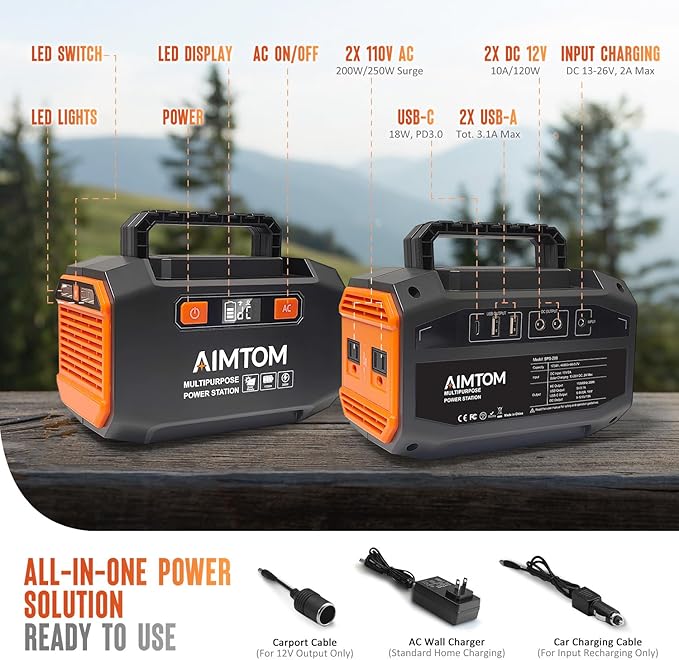 AIMTOM 200W Portable Power Station with 30W Solar Panel Bundle – 173Wh Lithium Battery, 250W Peak AC, USB-A, USB-C and 12V DC Outputs, High-Efficiency Solar Generator for Camping RV Emergency Backup