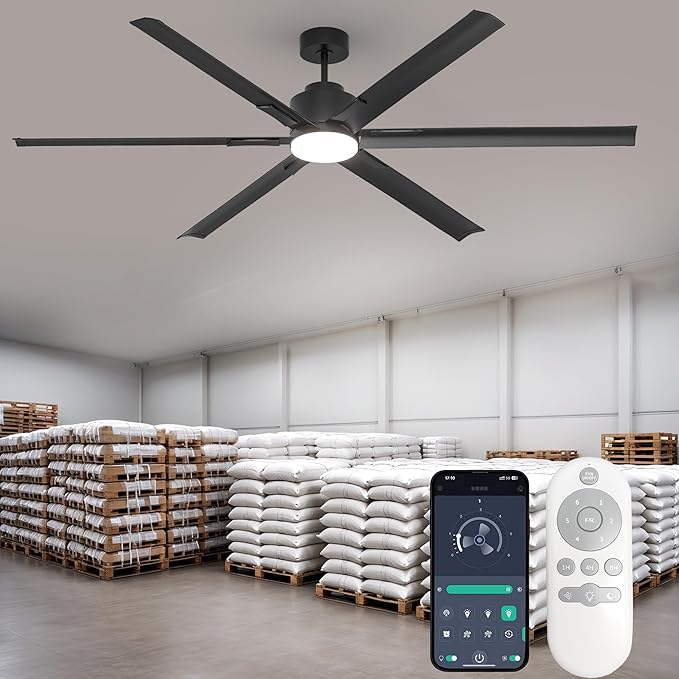 JAYNLT 82 Inch Ceiling Fan with Light,Industrial LED Fan Lights with 6 Aluminium Blades,Large Ceiling Fan - Remote/APP Control, Air Reversible 6 Speed 3 Colors Noiseless DC Motor for Warehouse,Farm