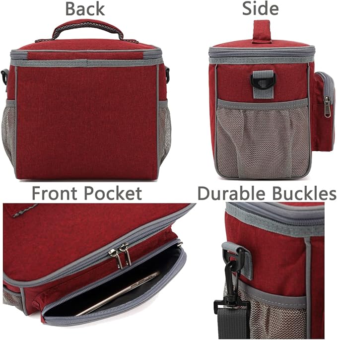 FlowFly Insulated Reusable Lunch Bag Adult Large Lunch Box for Women and Men with Adjustable Shoulder Strap,Front Zipper Pocket and Dual Large Mesh Side Pockets,Red