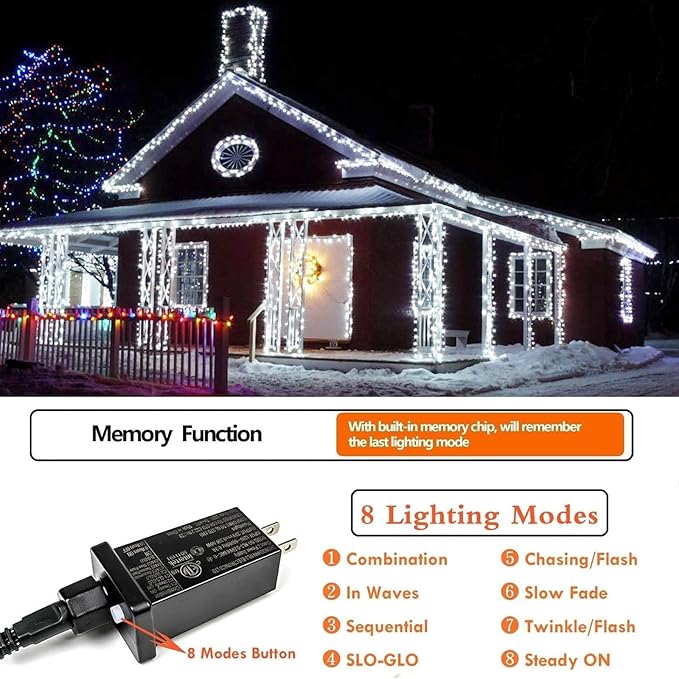 Extra-Long String Lights Outdoor Indoor, 300 LED Super Bright Christmas Lights Clear Wire, Waterproof 8 Modes Plug in Twinkle Fairy Light for Bedroom Party Wedding Garden Christmas (Cool White)