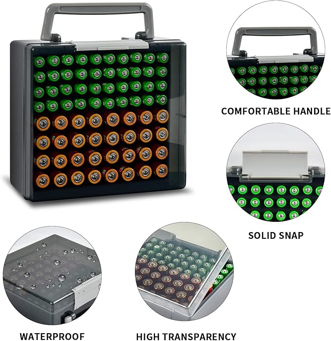 FULLCASE Battery Storage Organizer Holder Holds 72 AA AAA Batteries, Box Cases Garage Container, Home Drawer Organization Dispenser (Case Only) (Grey)