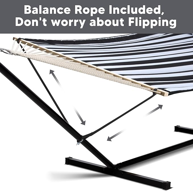 SUNCREAT Two Person Hammock with 12ft Stand Included, Max 475lbs Capacity, Heavy Duty Free Standing Hammock, Black Stripes