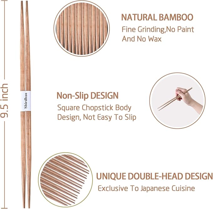 100 pairs Disposable Bamboo Chopsticks Separated With Paper Band To Go Chop sticks Double Pointed, 9.5 Inch(Brown)