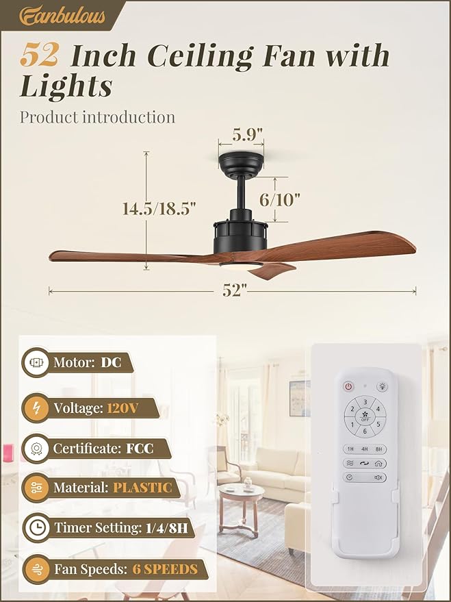 52" Ceiling Fans with Lights and Remote Control, Flush Mount Ceiling Fan with 3 LED Colors,Outdoor Ceiling Fans with 2 Downrods 6-Speeds Reversible DC Motor for Patio Bedroom Living Room