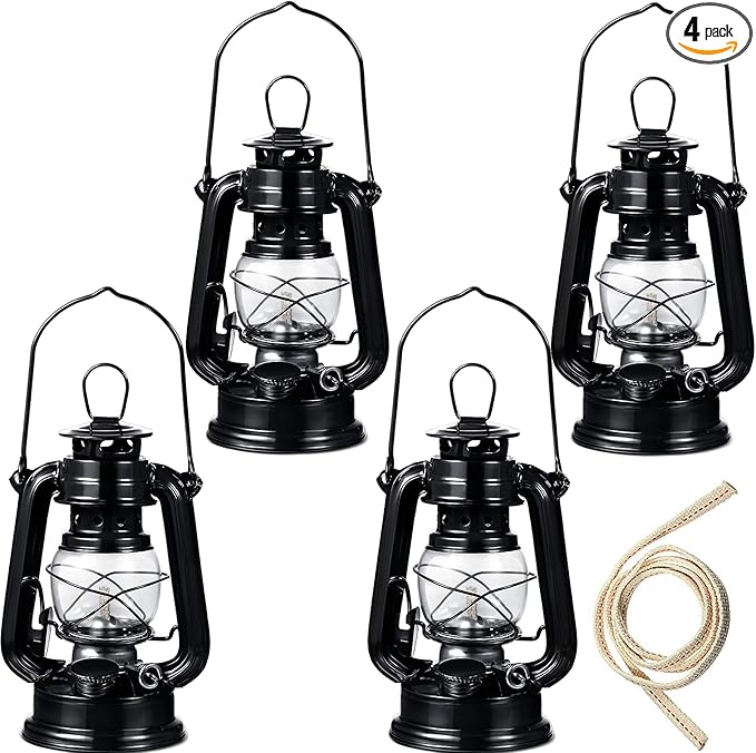 Honoson 4 Pieces Oil Lamp Hurricane Lamp Kerosene Lantern for Indoor Outdoors Decorative Hanging Oil Lantern with Wick for Hiking Emergency Camping Party Decoration(Black,8 Inch)