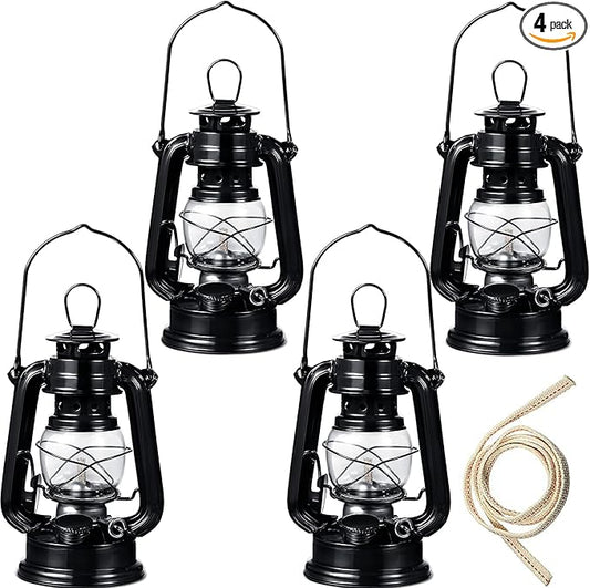 Honoson 4 Pieces Oil Lamp Hurricane Lamp Kerosene Lantern for Indoor Outdoors Decorative Hanging Oil Lantern with Wick for Hiking Emergency Camping Party Decoration(Black,8 Inch)